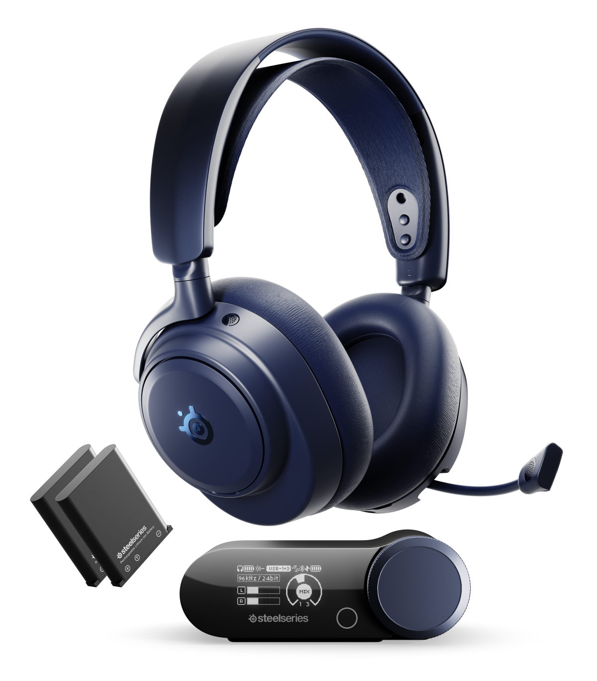 Niebieski zestaw słuchawkowy SteelSeries z dwoma akumulatorami i bazą sterującą na czarnym tle.