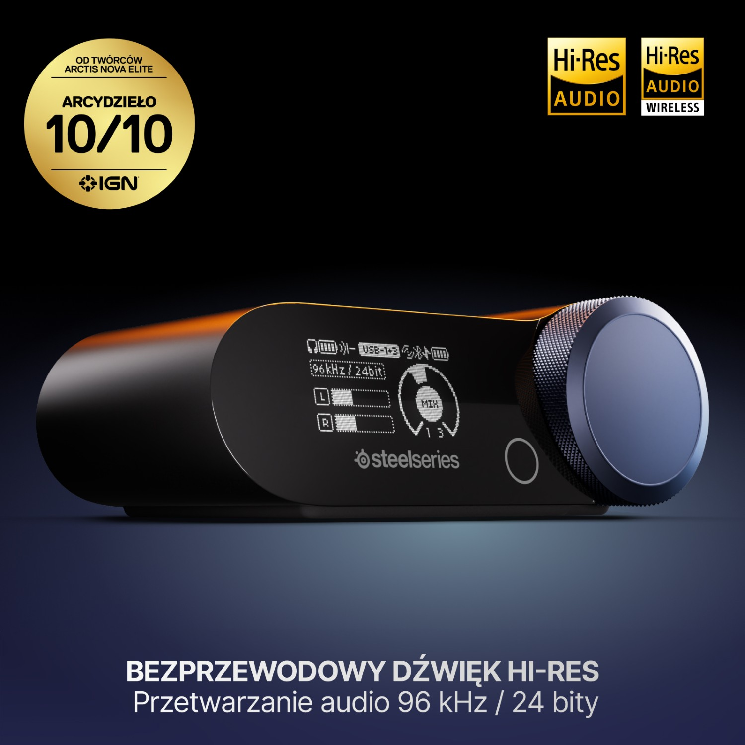Czarny przetwornik SteelSeries z wyświetlaczem pokazującym audio 96 kHz/24 bit.