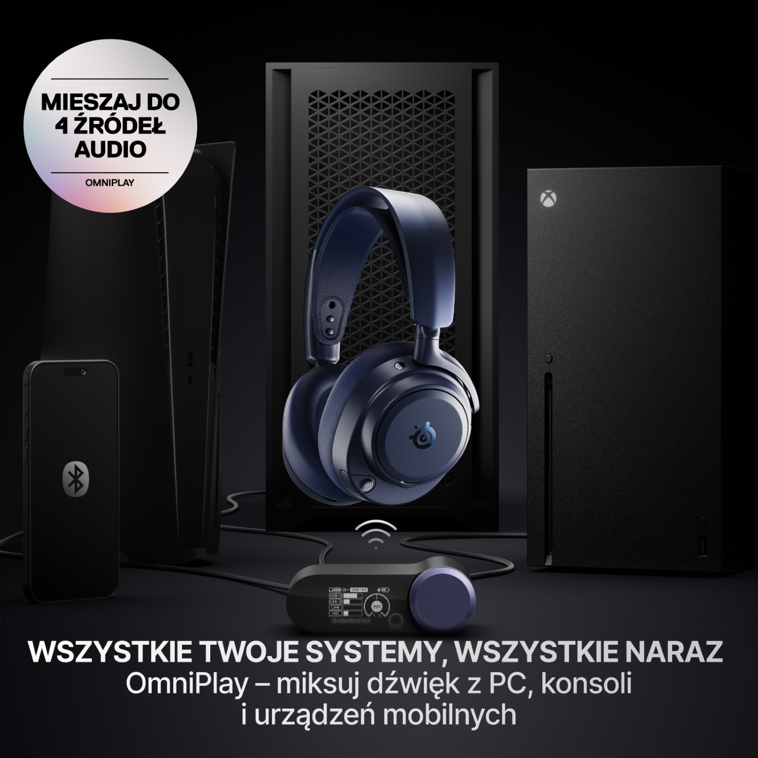 Zestaw gamingowy ze słuchawkami, konsolą Xbox, PlayStation, telefonem i mikserem audio.