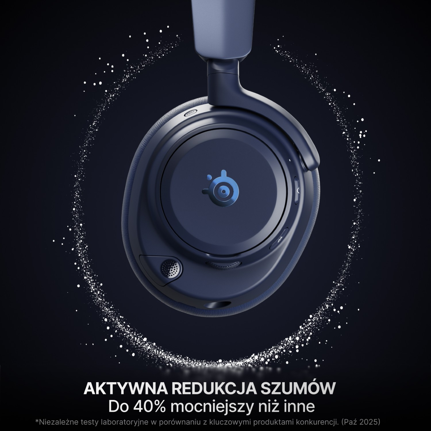Granatowe słuchawki z aktywną redukcją szumów, otoczone białymi drobinkami.
