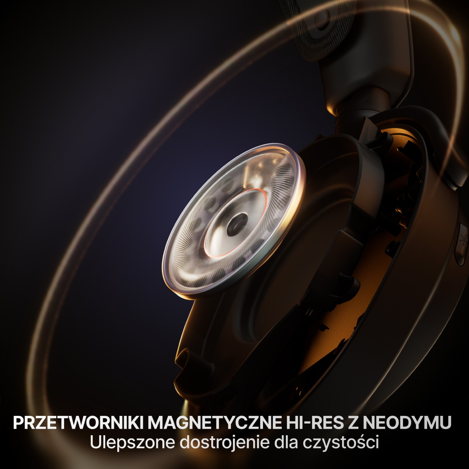 Zbliżenie czarnego przetwornika słuchawek z metalowymi detalami i falami dźwiękowymi.
