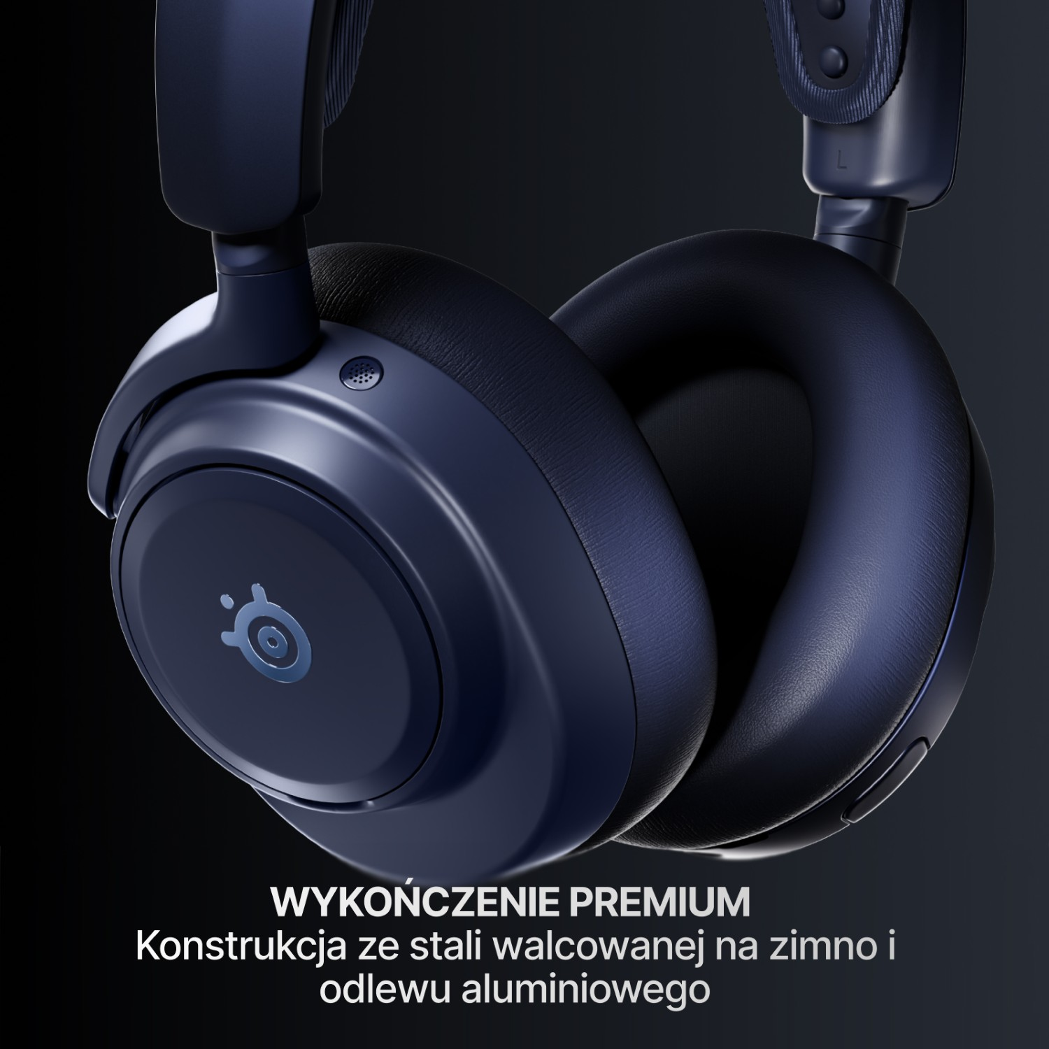Granatowe słuchawki z logo SteelSeries na czarnym tle.