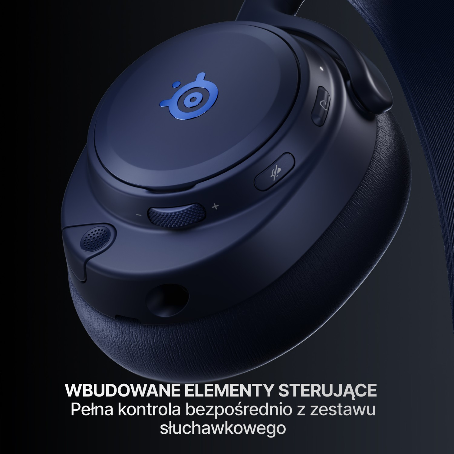 Ciemnoniebieskie słuchawki z logo SteelSeries i przyciskami sterowania.