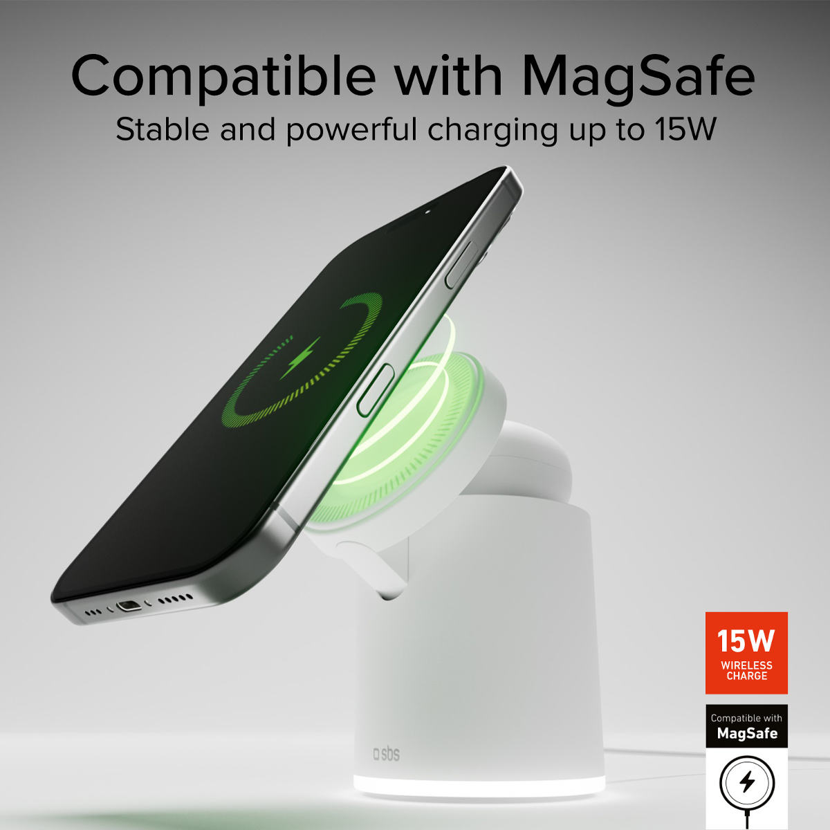Ein Smartphone wird auf einer weißen Ladestation mit MagSafe-Technologie geladen.
