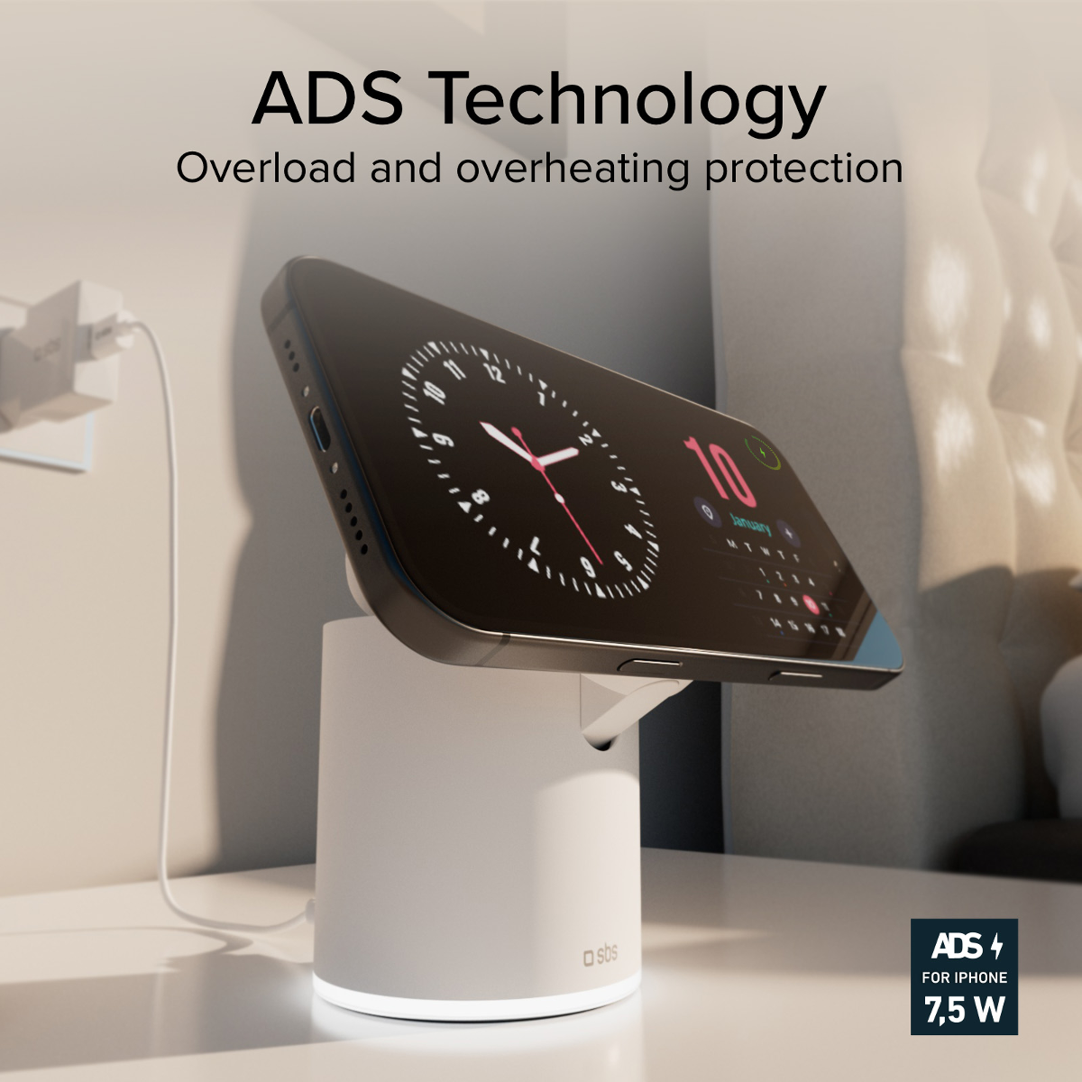 Ein Smartphone auf einem weißen Ladeständer mit leuchtendem Ring. ADS Technologie.
