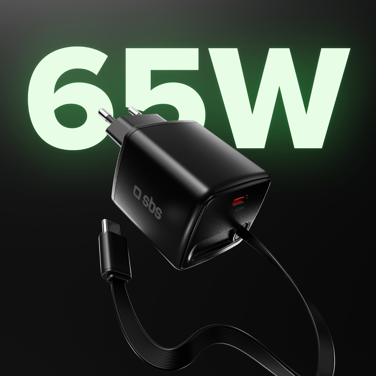 Schwarzes Ladegerät mit Kabel und USB-C-Anschluss, 65W-Symbol.