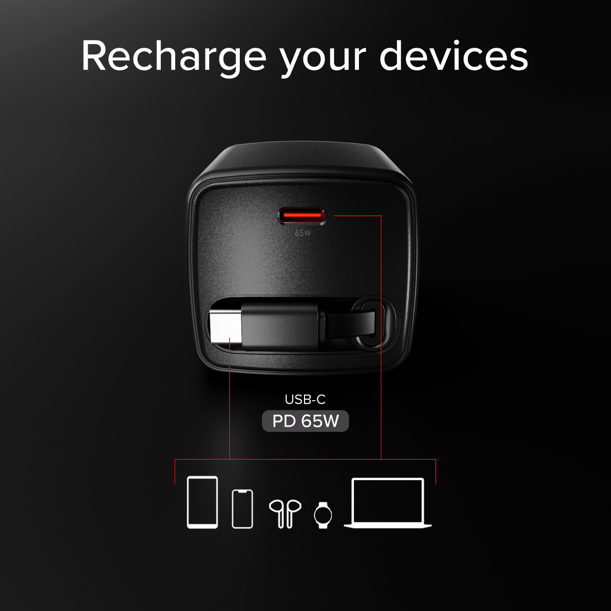 Schwarzes 65W USB-C PD Ladegerät mit roter Anzeige und USB-C Kabel.
