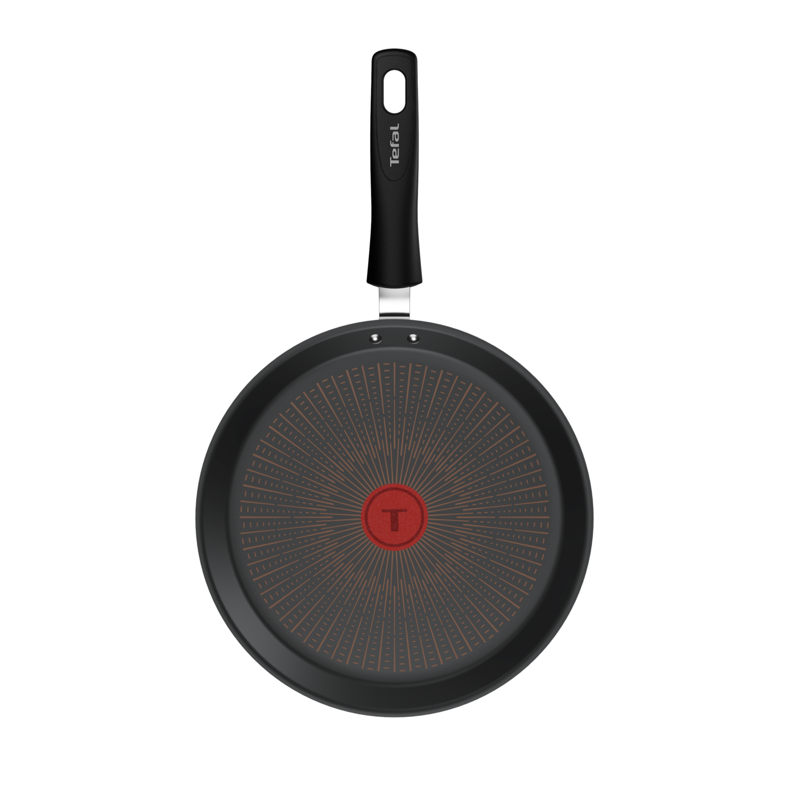 Czarna patelnia z czerwonym Thermospot i izolowanym uchwytem Tefal.