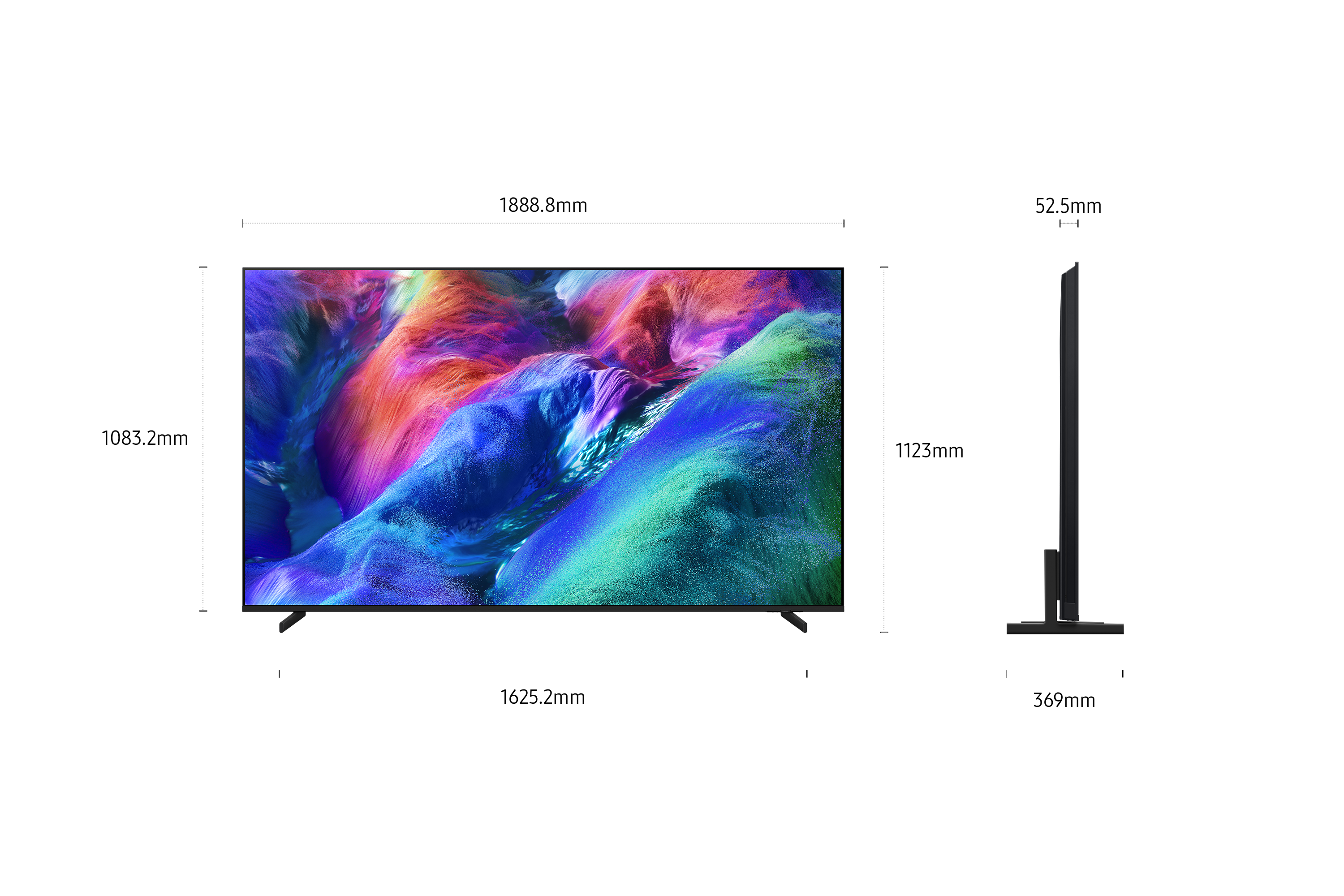 Ein großer schwarzer Fernseher mit farbenfrohem Bild und Maßen.