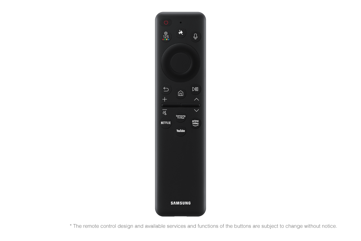 Schwarze Samsung TV-Fernbedienung mit Tasten für Strom, Navigation, Lautstärke und Apps.