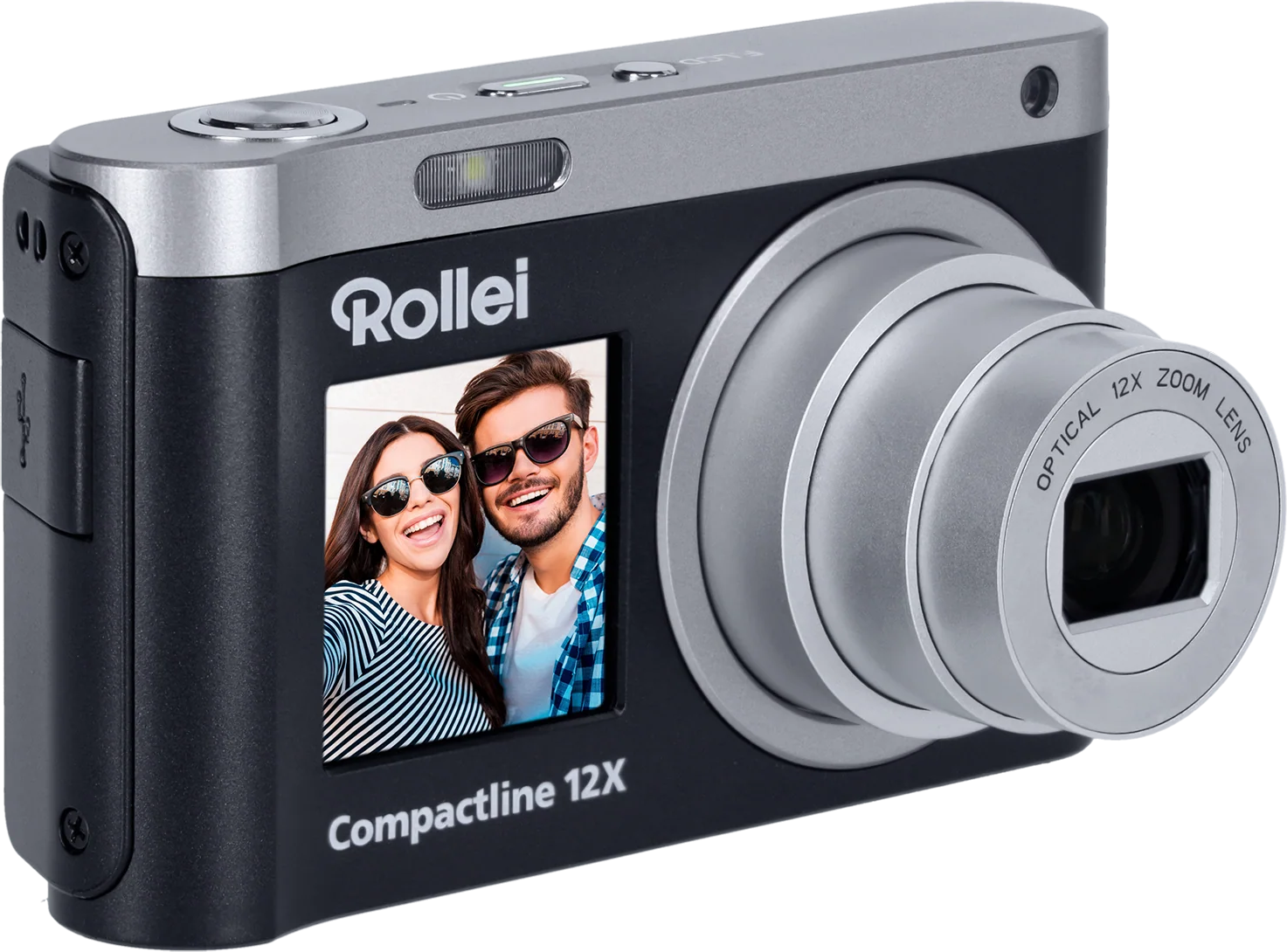 Rollei Kompaktkamera mit Selfie-Display, das ein lächelndes Paar zeigt.