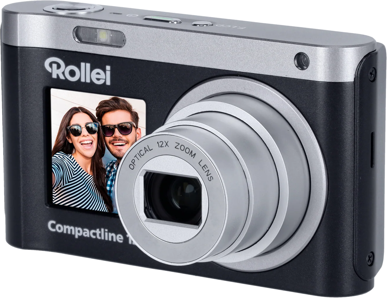 Rollei Kompaktkamera mit 12x optischem Zoom. Auf dem Bildschirm ist ein Selfie eines Paares zu sehen.