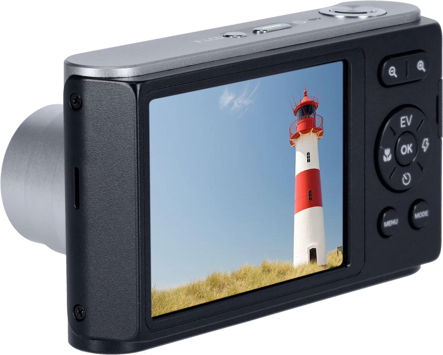 Digitalkamera zeigt einen rot-weiß gestreiften Leuchtturm auf einer grasbewachsenen Düne unter klarem Himmel.