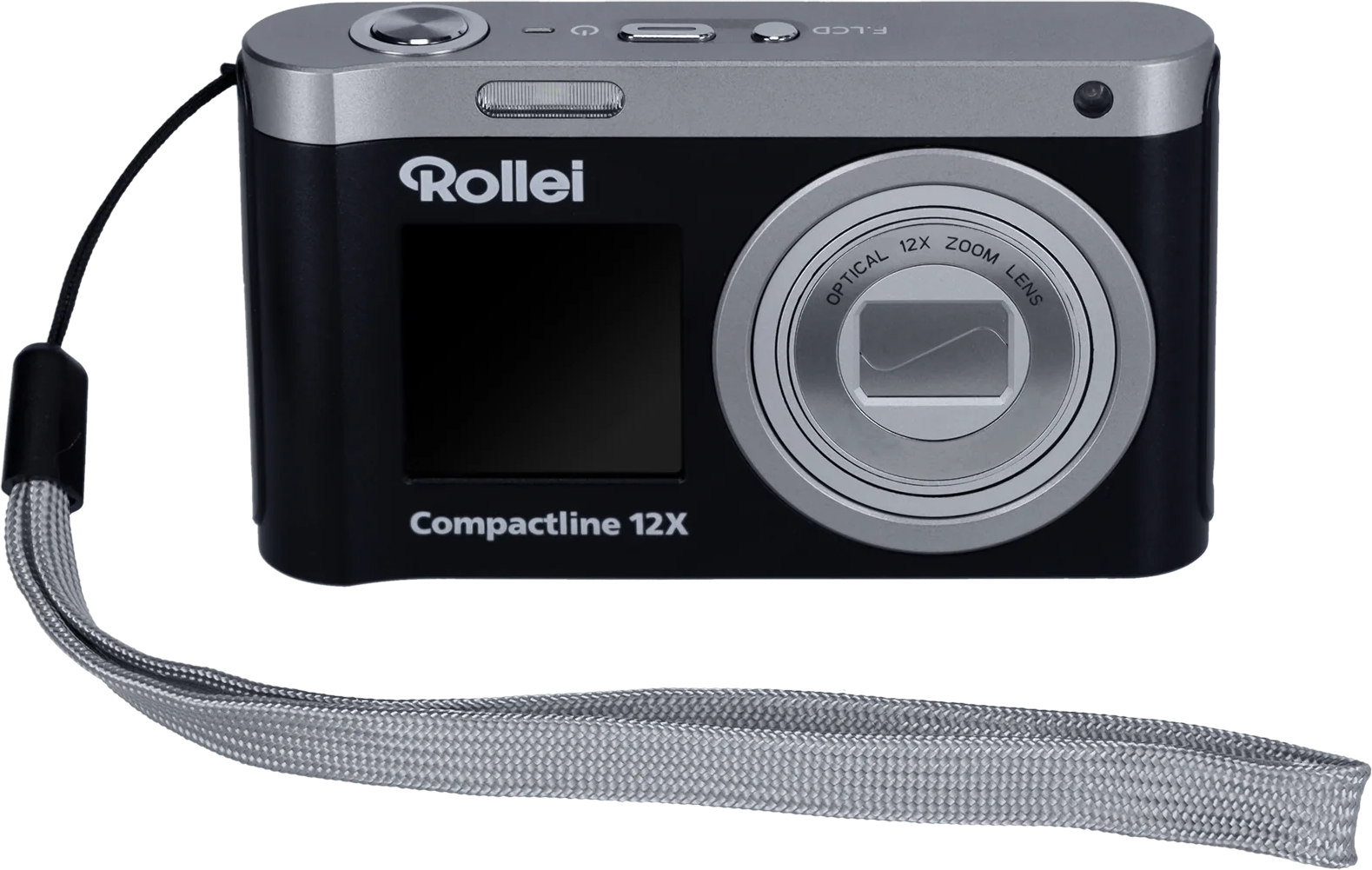 Kompaktkamera Rollei Compactline 12X mit silbernem Band und schwarzem Gehäuse.