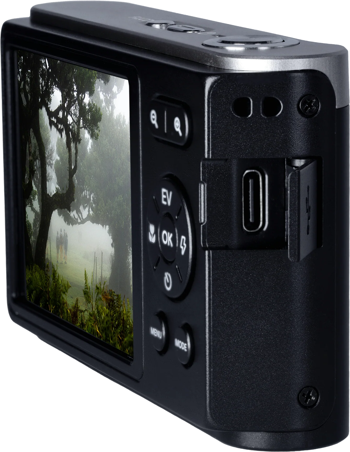 Digitalkamera mit Display, das einen nebligen Wald mit Bäumen und drei Personen zeigt.