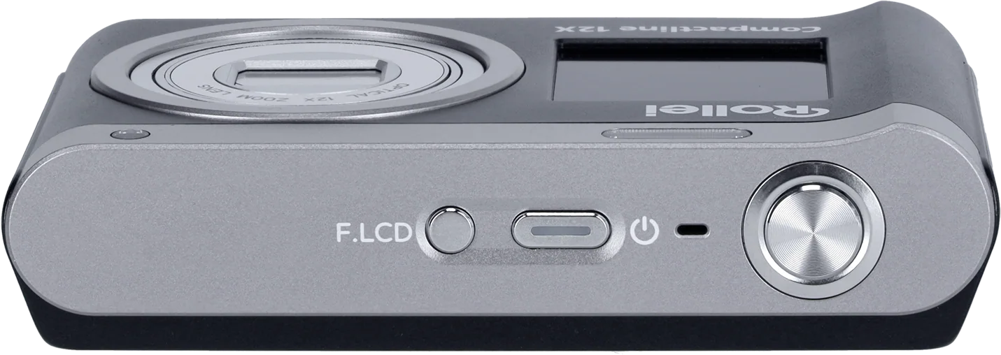 Graue Digitalkamera mit optischem 12-fach-Zoomobjektiv und Bedienelementen.