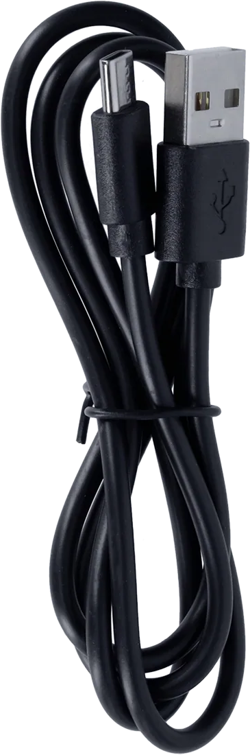 Ein schwarzes USB-C-zu-USB-A-Kabel ist aufgewickelt.