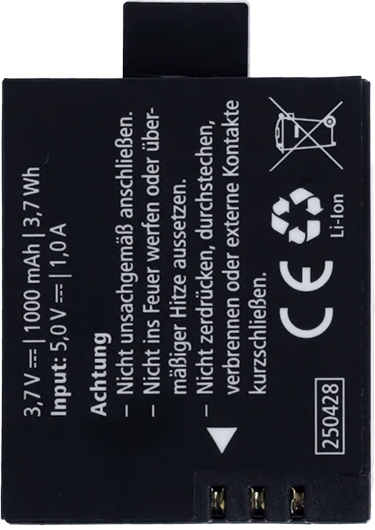 Schwarzer Akku mit deutschen Warnhinweisen, CE-Zeichen und Recycling-Symbol.