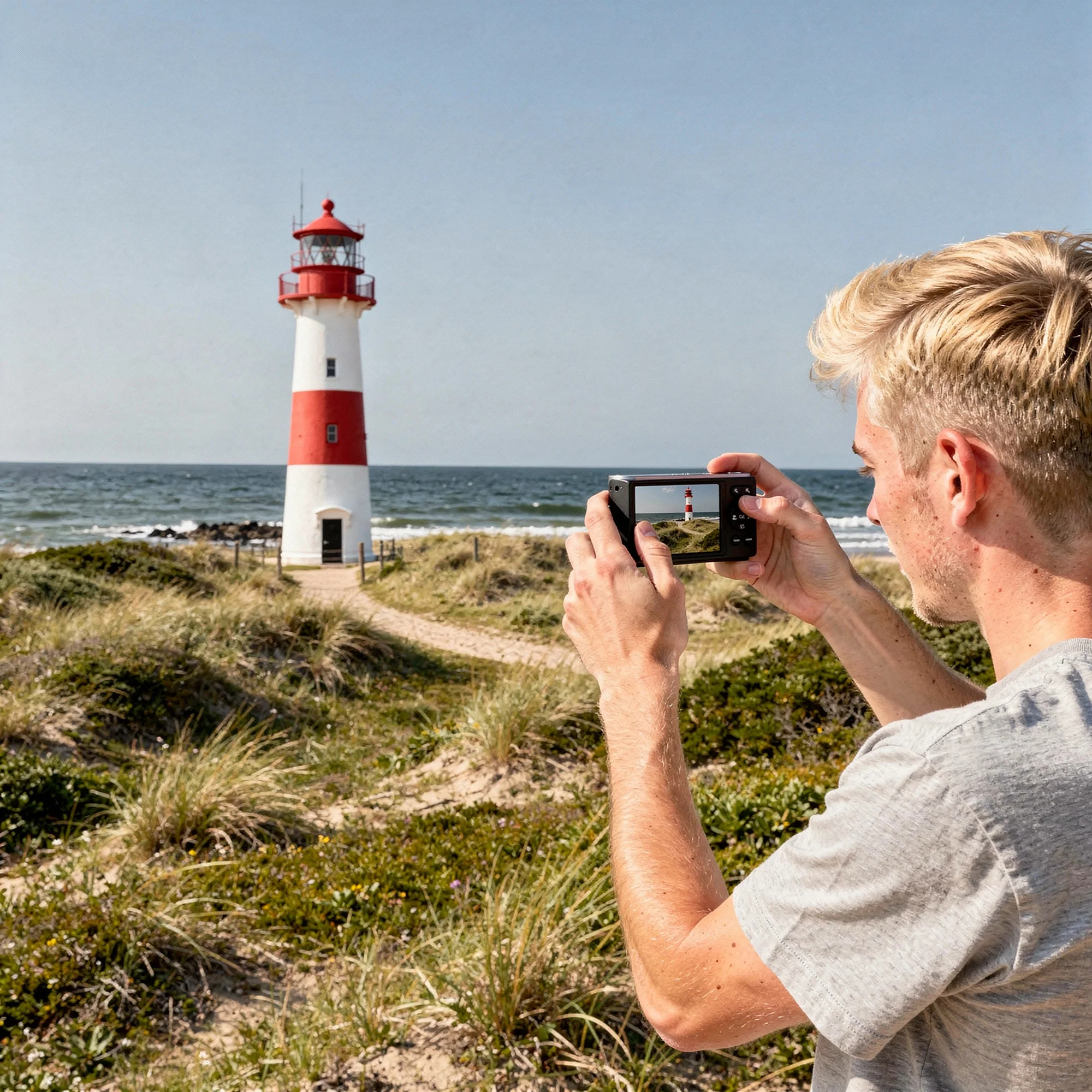Mann fotografiert Leuchtturm am Meer, mit Dünen im Vordergrund.