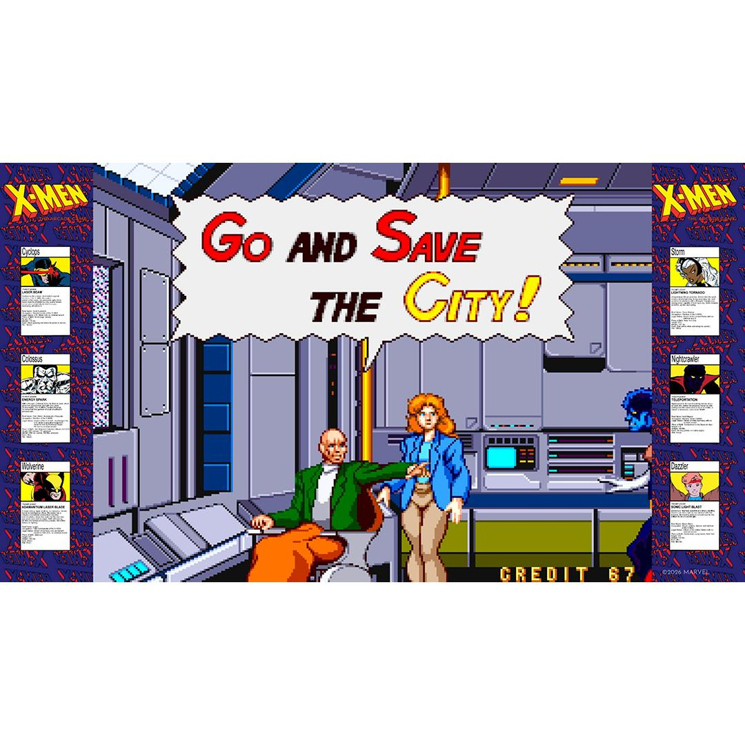 X-Men-Arcade-Spiel: Charaktere und Text "Go and Save the City!"