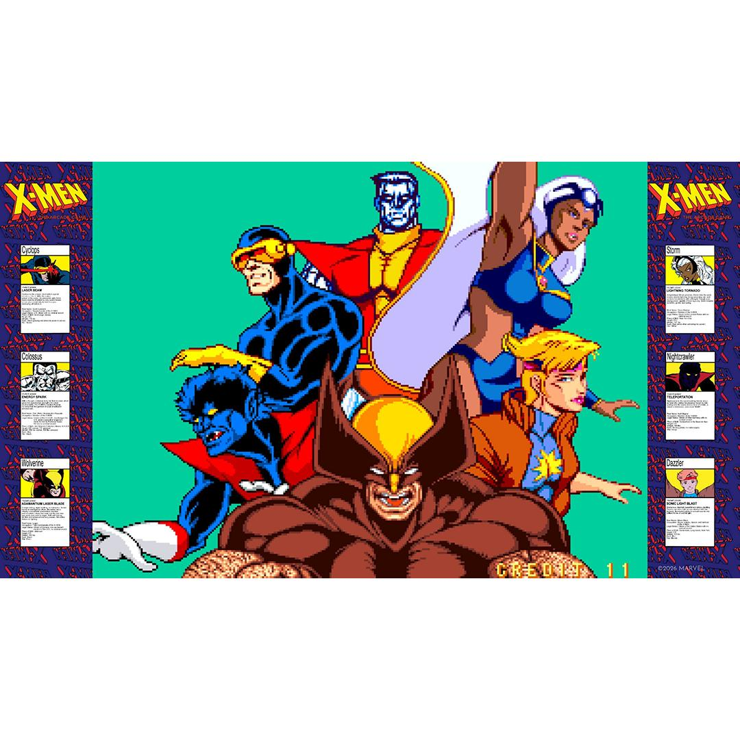 X-Men Charaktere: Wolverine, Cyclops, Storm, Colossus, Nightcrawler, Dazzler.