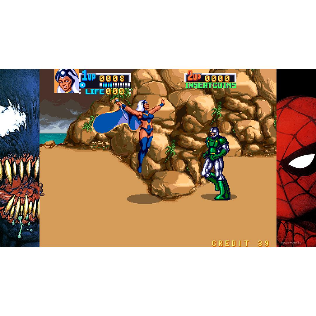 Ein Arcade-Spielbildschirm mit Storm und Dr. Doom am Strand. Links und rechts sind Venom und Spider-Man.