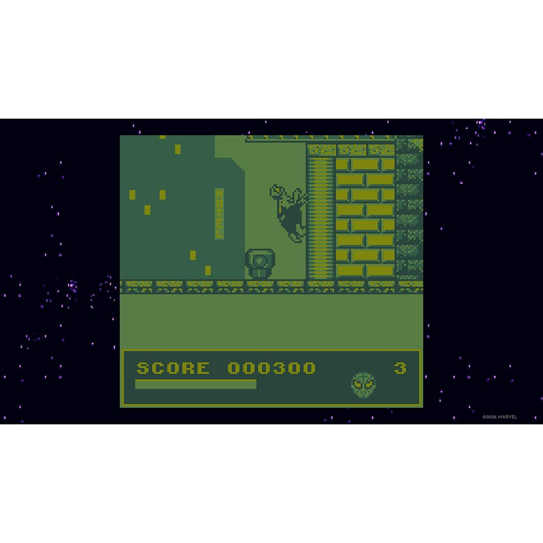 Grünes 2D-Spielbildschirm mit Score 000300. Eine Figur klettert an einer Ziegelwand.