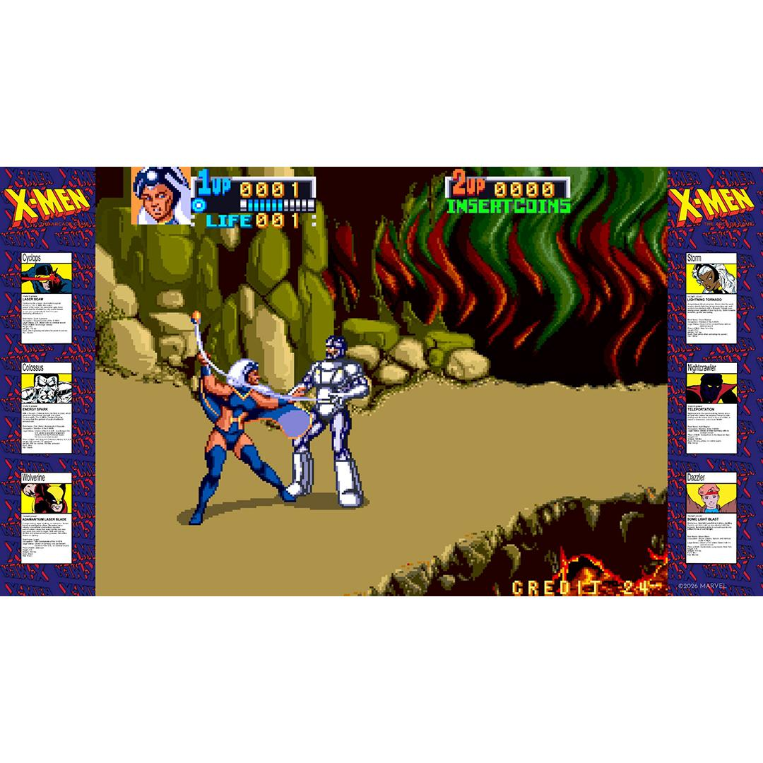 X-Men Arcade-Spiel: Storm kämpft gegen einen Roboter in einer Höhle.