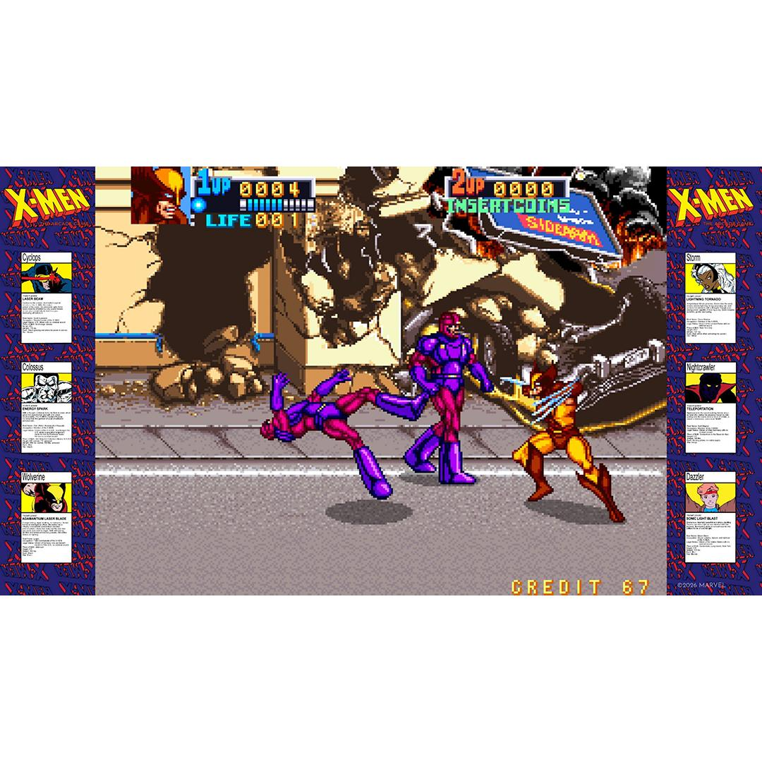 X-Men Arcade Spiel: Wolverine, Magneto und Sentinel kämpfen in einer zerstörten Stadt.