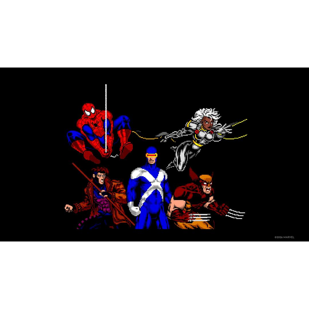 Fünf Marvel-Helden auf schwarzem Hintergrund: Spider-Man, Gambit, Cyclops, Storm und Wolverine.