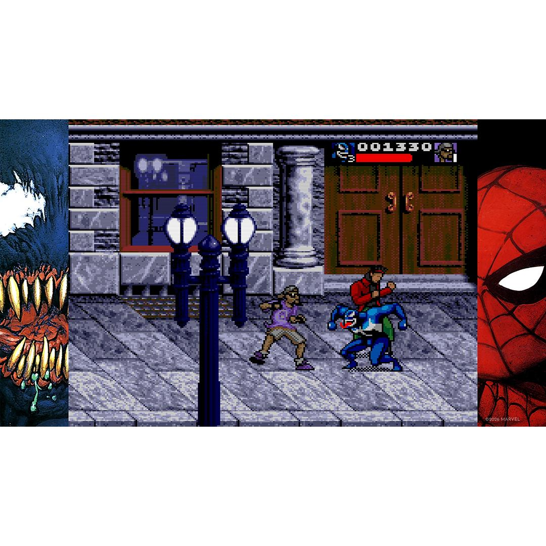 Pixelgrafik: Venom, Spiderman und ein blauer Held kämpfen in einer Gasse.