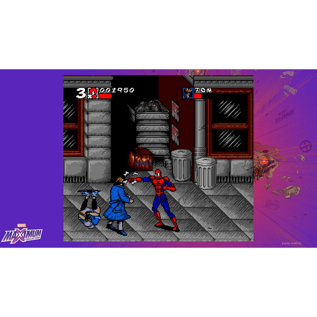 Spider-Man kämpft in einer Gasse gegen einen Mann in einem blauen Mantel. Ein weiterer Mann liegt am Boden.