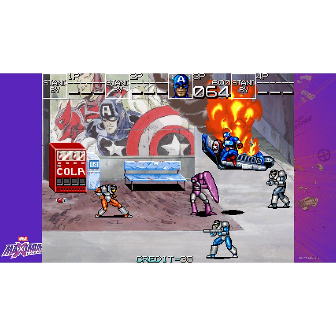Pixel-Art-Spielszene: Captain America in brennendem Fahrzeug, Feinde und Cola-Automat.