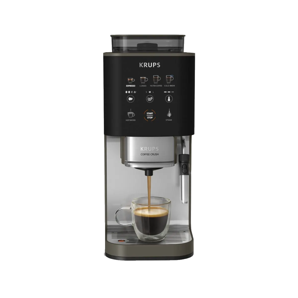 Ekspres do kawy Krups zaparza espresso do szklanki. Panel sterowania pokazuje opcje napojów.