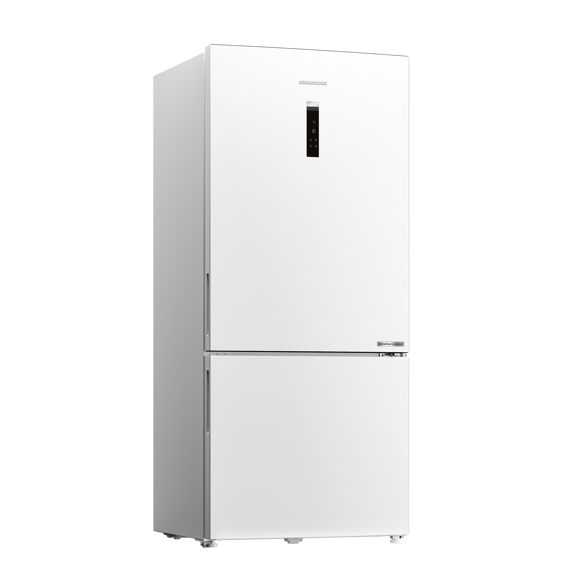 Dijital ekranlı ve dondurucu bölmeli beyaz bir GRUNDIG buzdolabı.