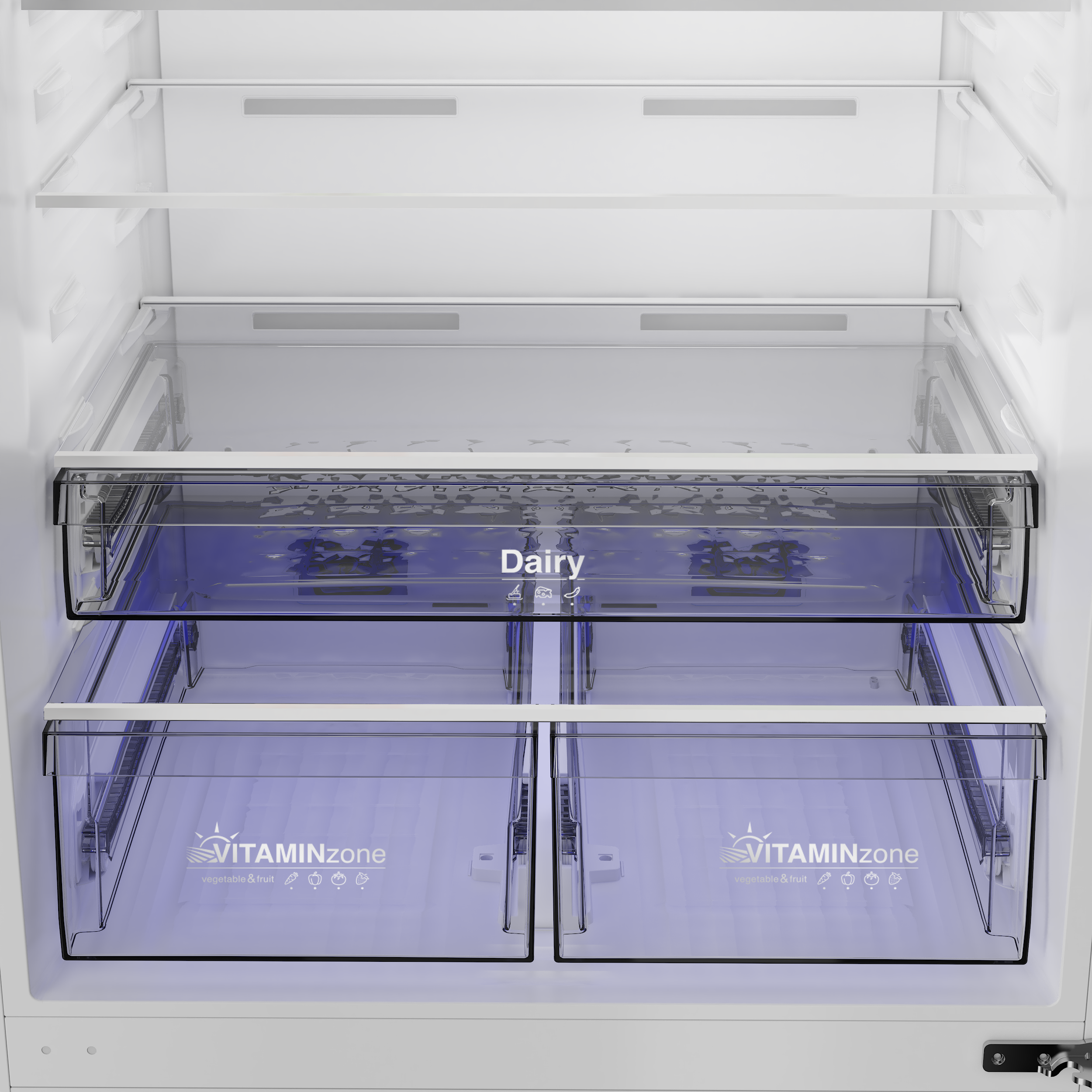 Cam raflı ve 'Dairy' etiketli bir çekmecesi olan boş buzdolabı.
