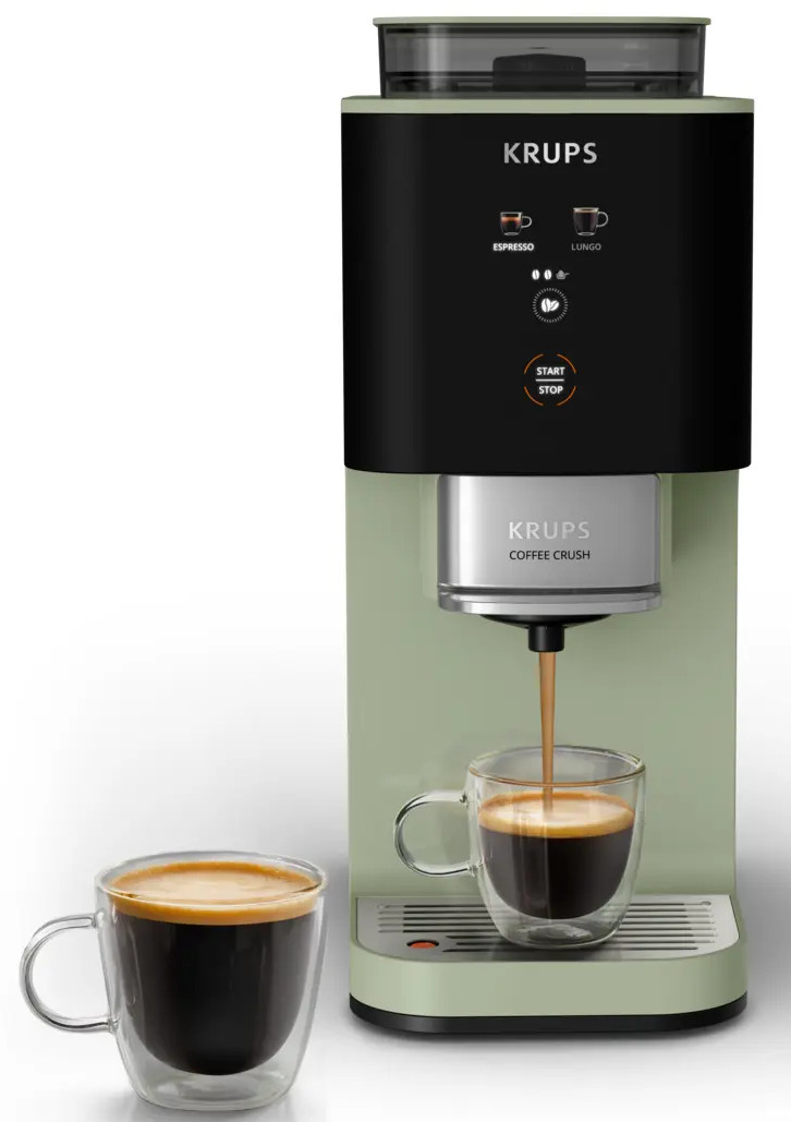 Zielona ekspres do kawy Krups zaparza espresso do szklanki.