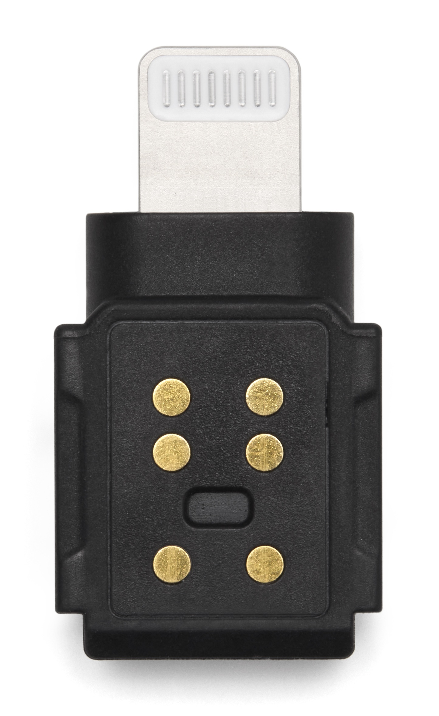 Czarny adapter ze srebrnym złączem Lightning i sześcioma złotymi stykami.