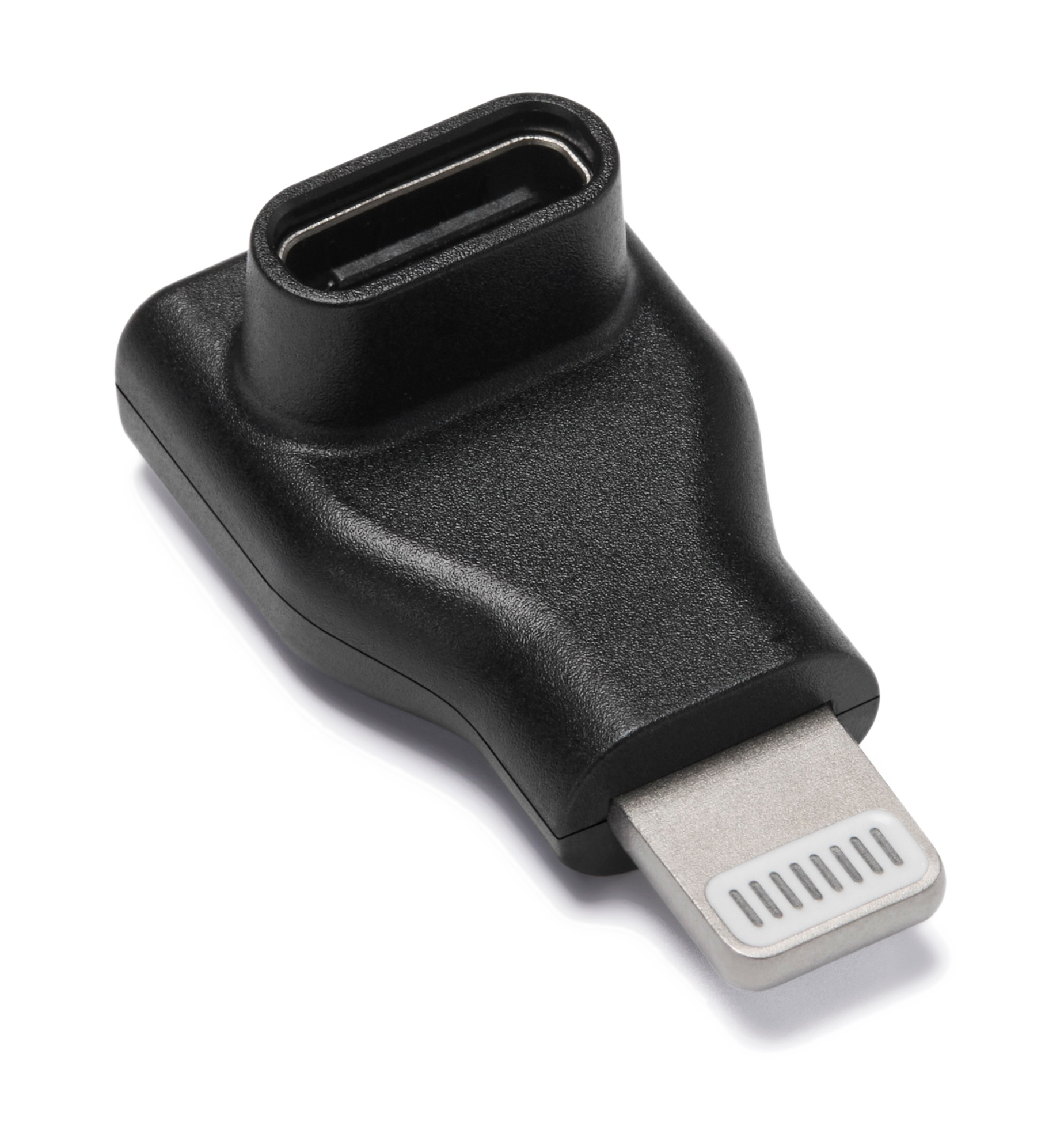 Czarny adapter USB-C na Lightning jest pokazany na ciemnym tle.