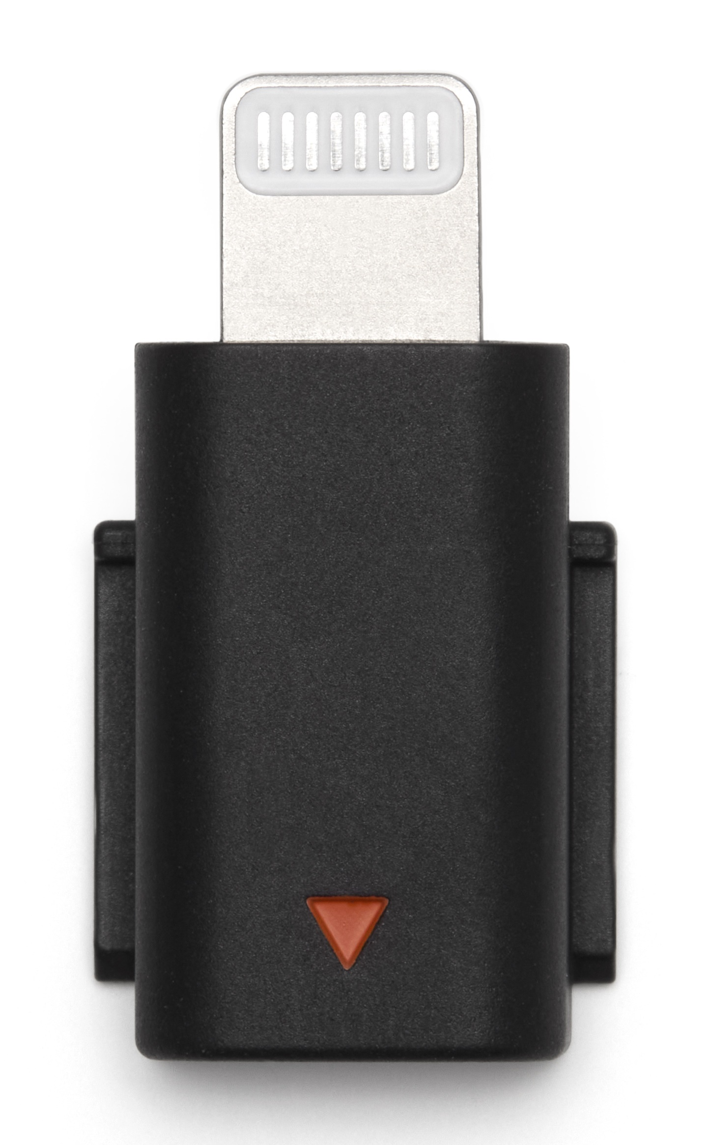 Czarny adapter ze srebrnym złączem Lightning i czerwonym symbolem trójkąta.