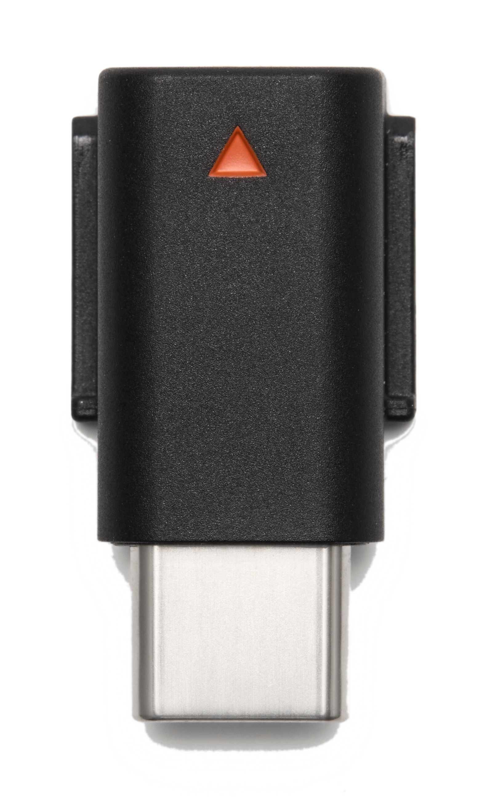 Czarny adapter złączem USB-C i pomarańczowym symbolem trójkąta.