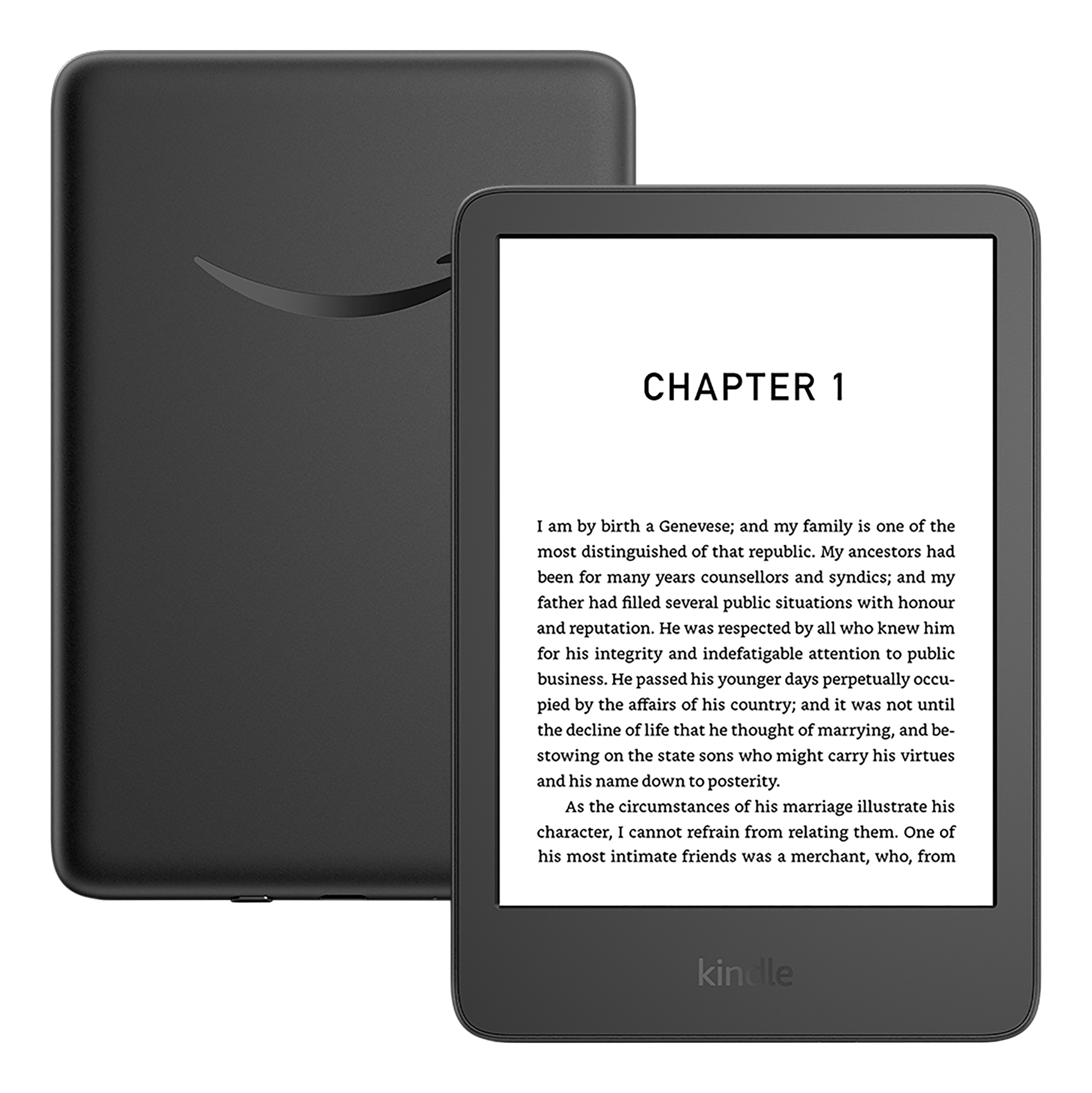 Ein schwarzer Kindle E-Reader zeigt "CHAPTER 1" und Text. Ein weiterer Kindle ist dahinter.