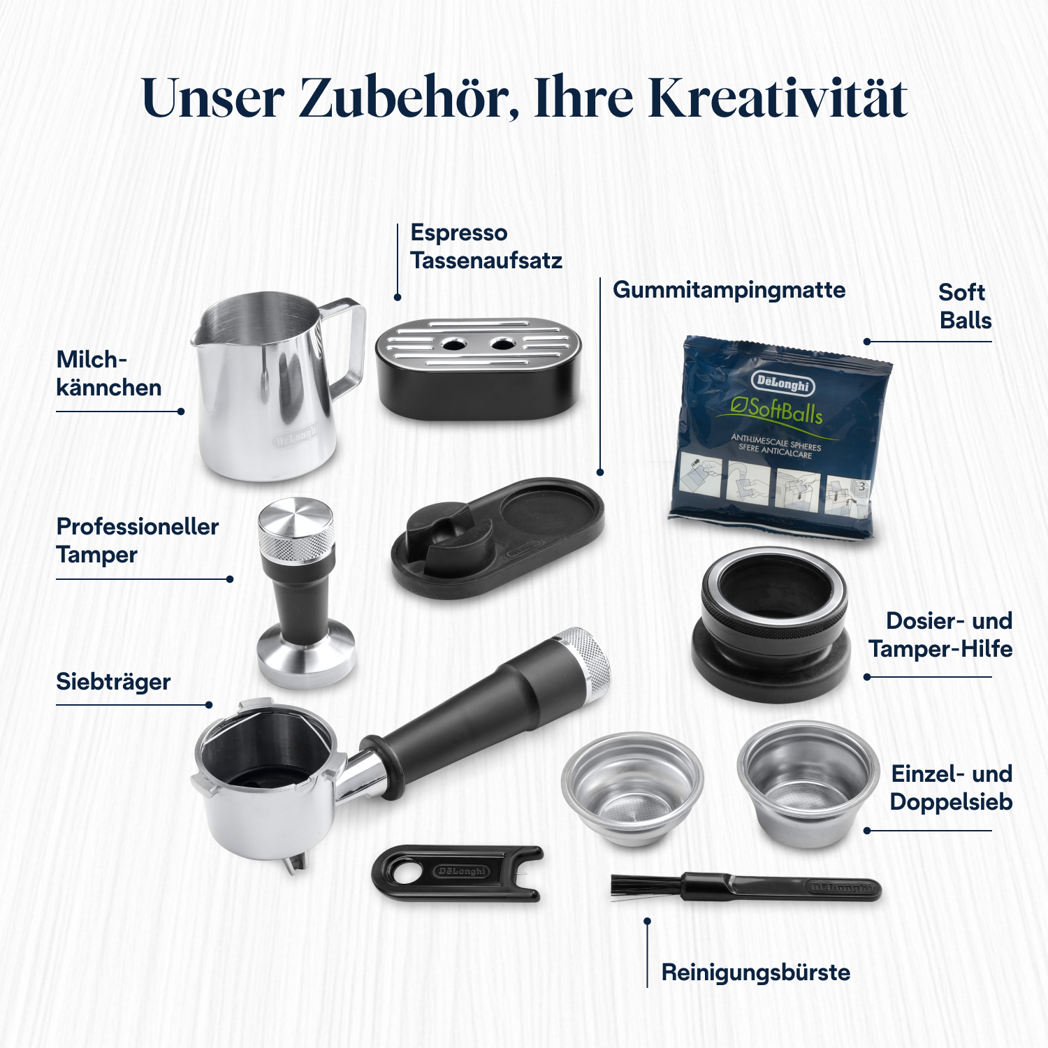 Espressomaschinenzubehör: Milchkanne, Tamper, Siebträger, Tassenaufsatz, Matte, Soft Balls, Bürste.