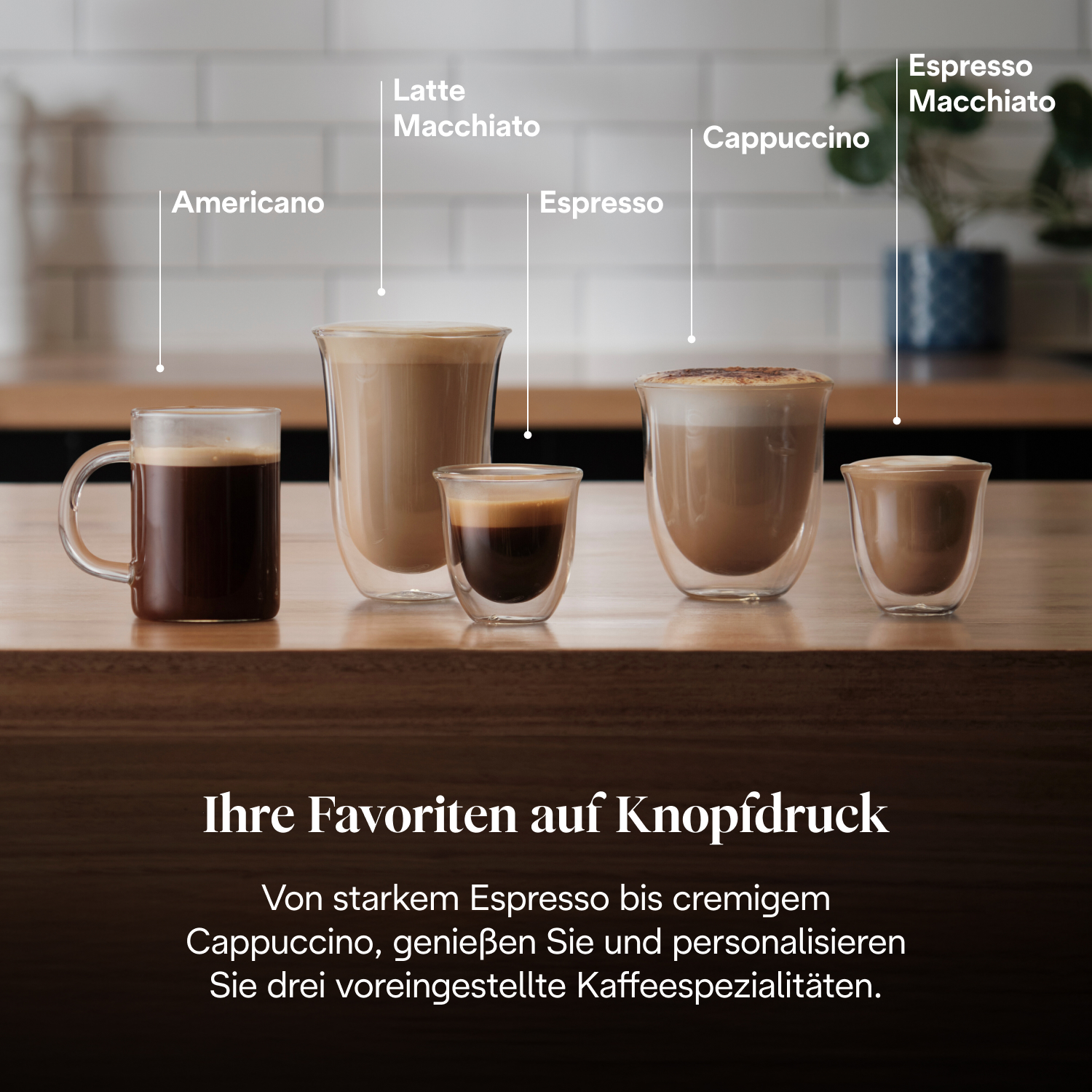 Fünf Kaffeegetränke in Gläsern: Americano, Latte Macchiato, Espresso, Cappuccino, Espresso Macchiato.