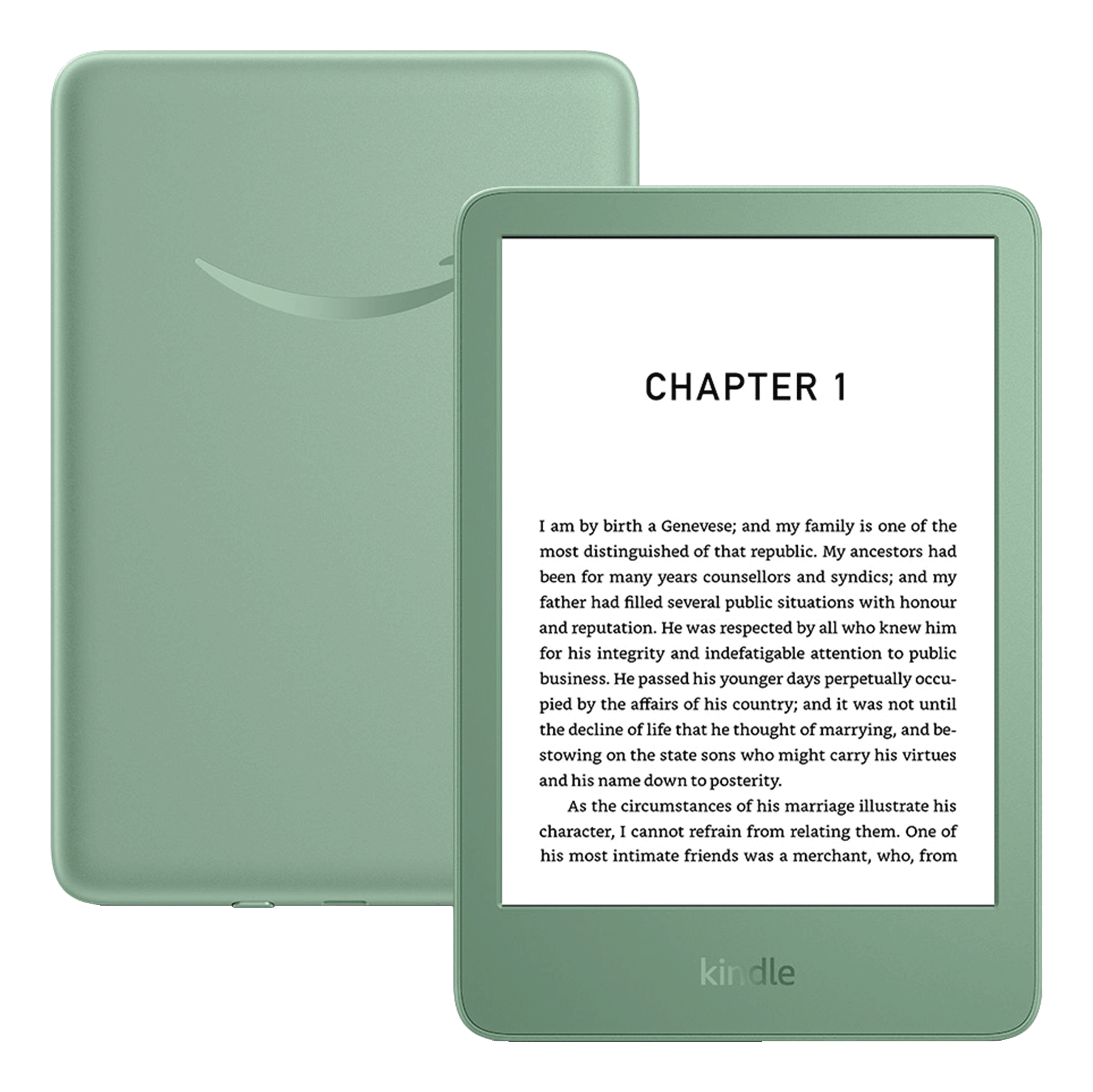 Un e-reader verde mostra il Capitolo 1 e testo. Il logo Amazon è visibile.