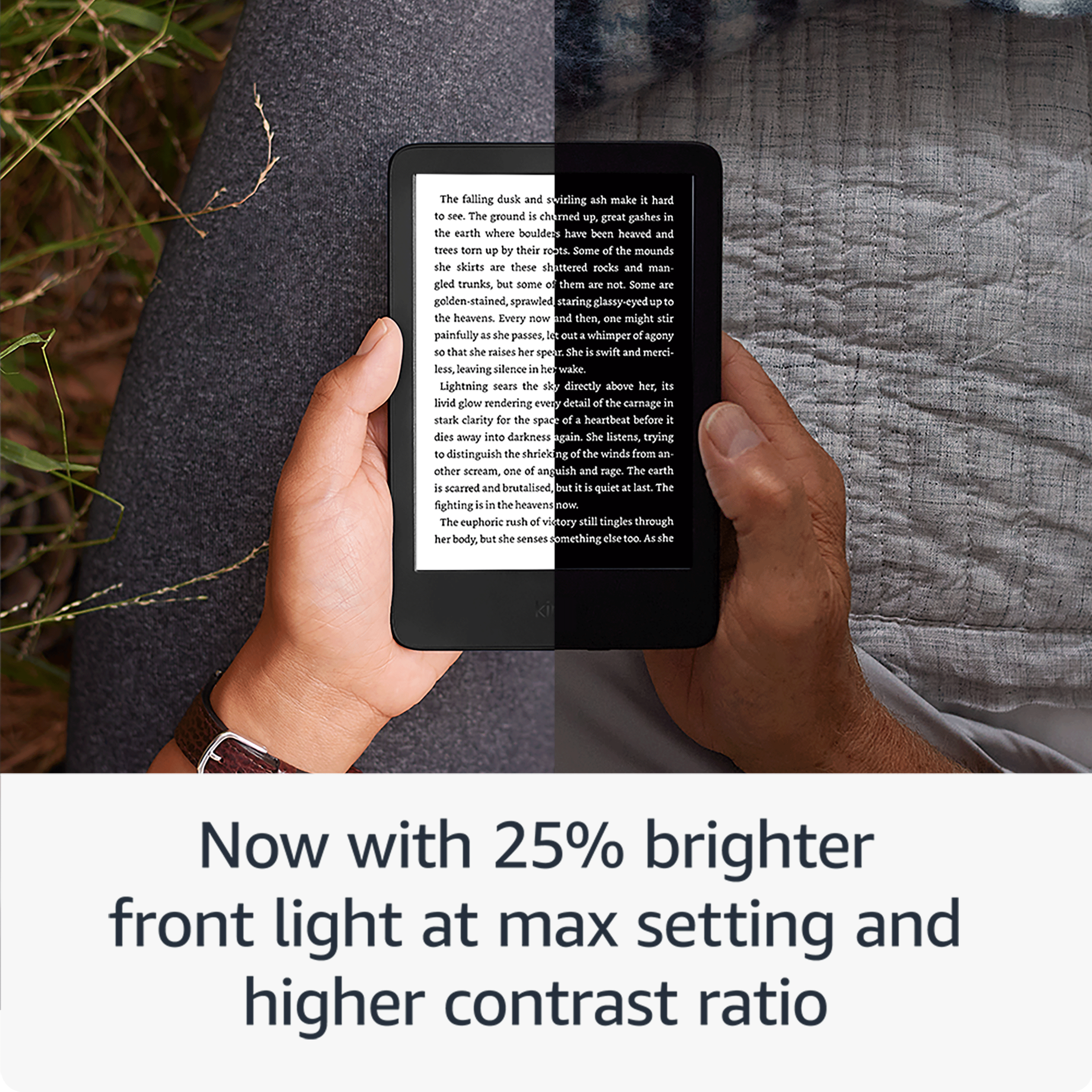 Persona che tiene un e-reader con testo, che mostra luminosità migliorata