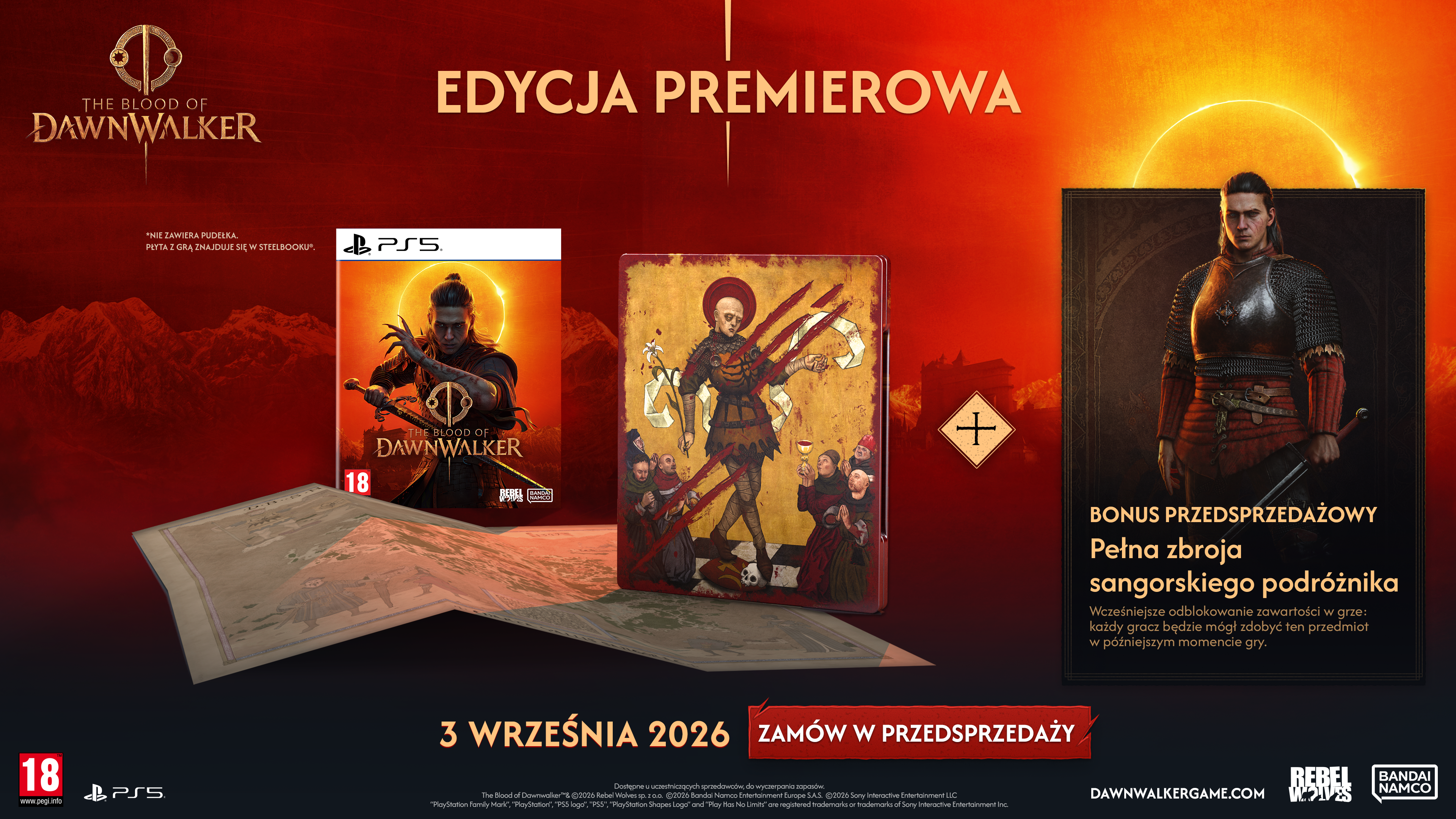 Okładka gry Blood of Dawnwalker, steelbook, mapa i dodatkowy ekwipunek.