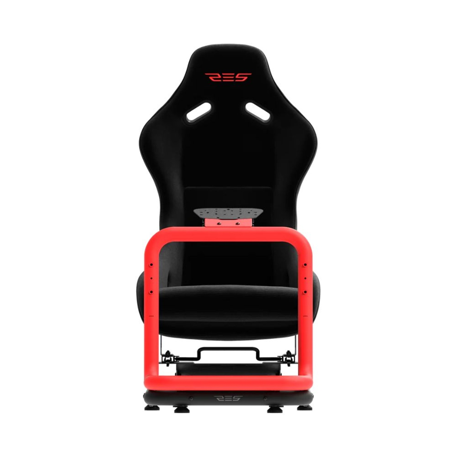 Un sedile da gioco da corsa nero con telaio rosso è mostrato su sfondo bianco.