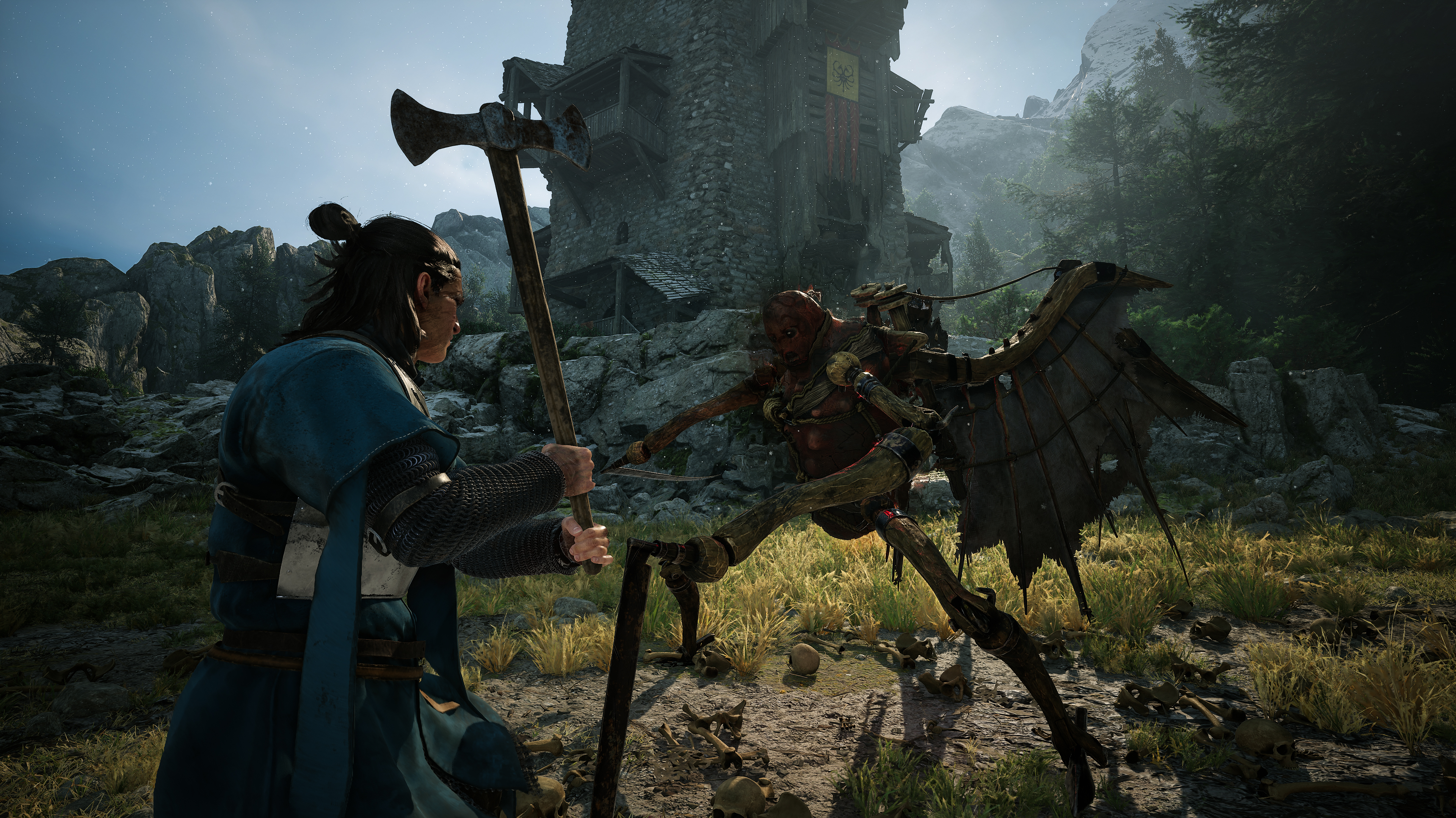 Wojownik z toporem staje naprzeciw skrzydlatego, szkieletowego stworzenia przed kamienną wieżą.