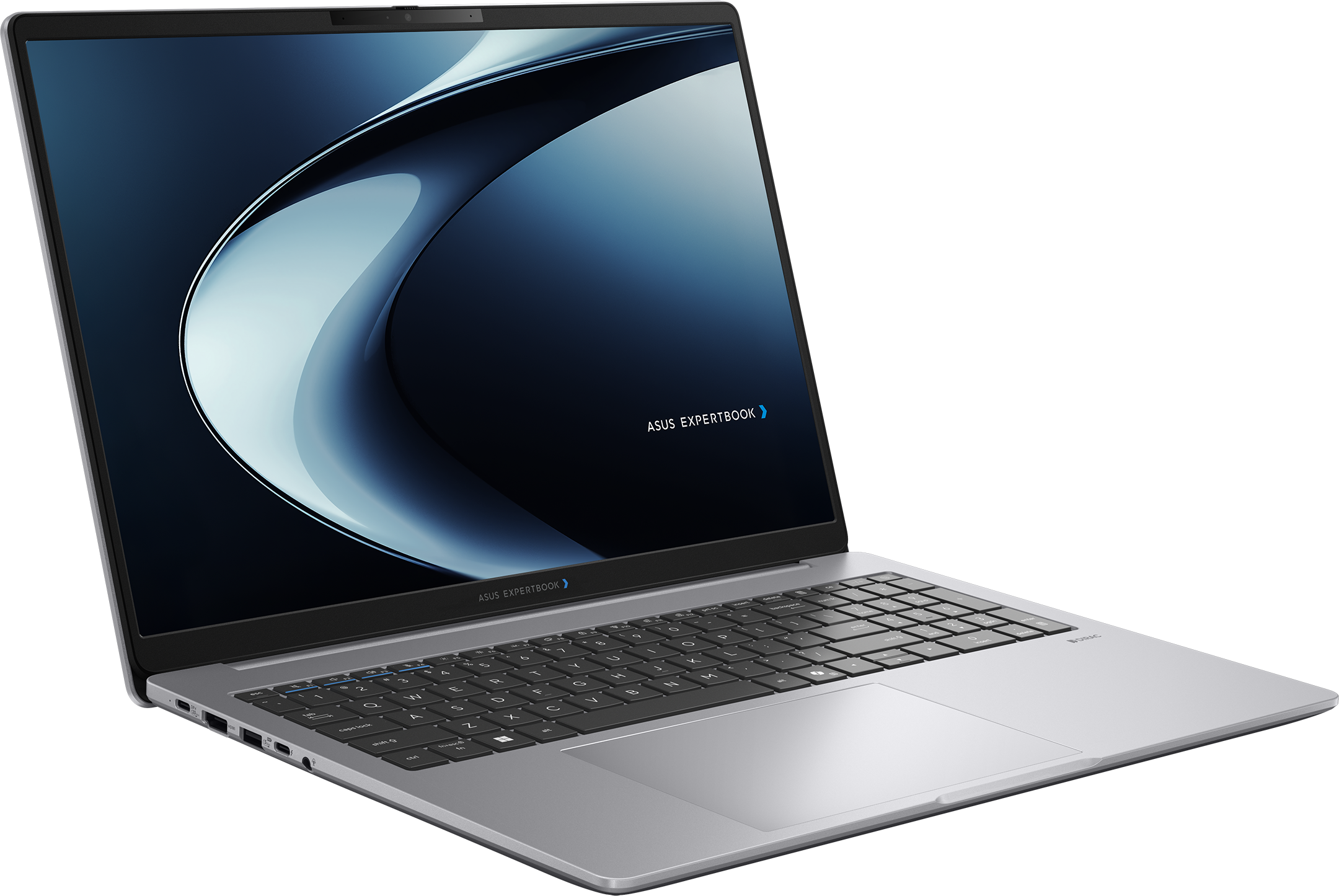Un ordinateur portable Asus Expertbook argenté sur fond sombre et abstrait.